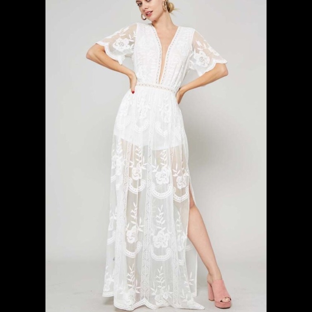 NEW White Lace Deep Neck Maxi Dress